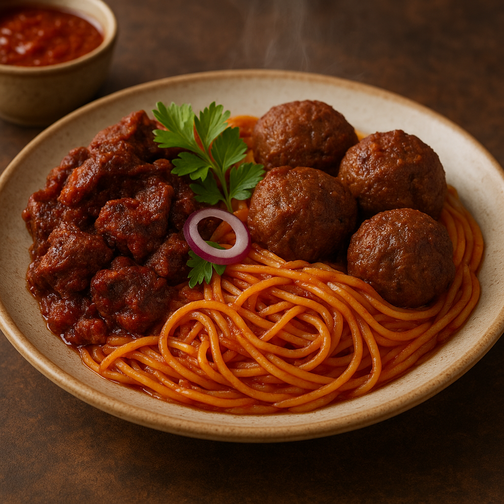 Jollof Spaghetti with Meatballs/Peppered Beef