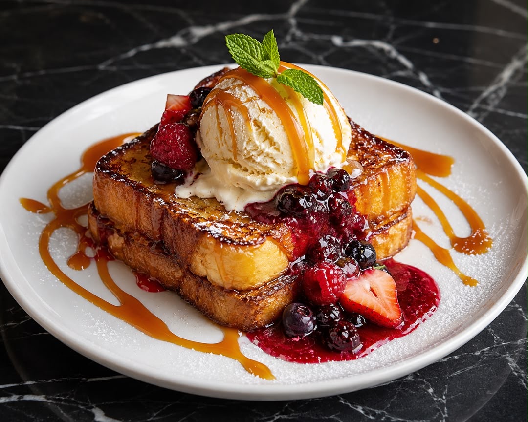 Pain Perdu with Vanilla Ice Cream, Salted Caremel Sauce or Berry Compote