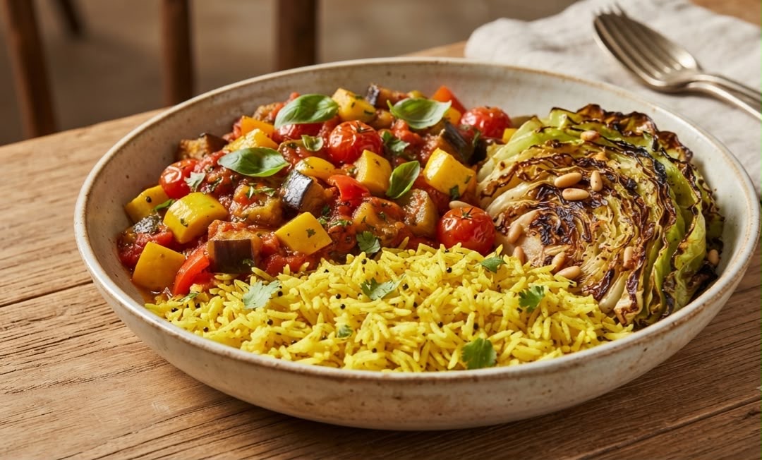 Ratatouille, Turmeric Gold Rice + Lemon Chard Cabbage